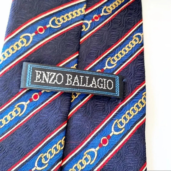 Enzo Ballagio World Polo Championship Silk Tie Blue Red Chain Print‎ Necktie Men - Picture 7 of 9
